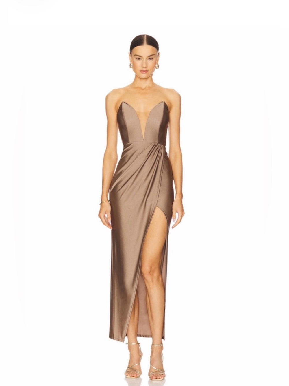 Michael Costello Revolve Jake Taupe Satin Strapless Plunge Slit Evening Gown XS